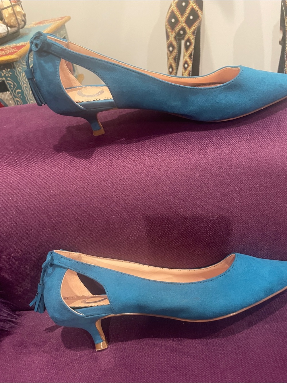 Teal Pointed-Toe Women's Kitten Heels with cutout heel section